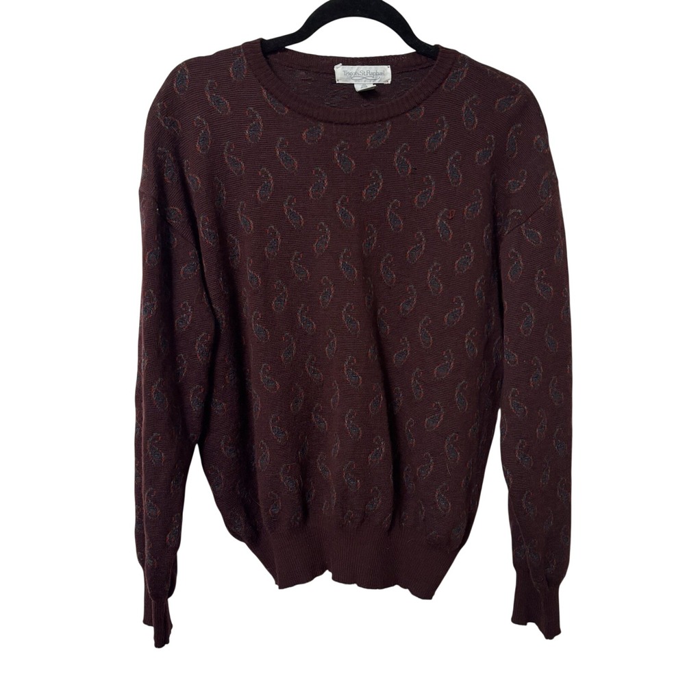 Vintage Tricot St. Raphael Paisley Wool Sweater Womens Purple Pullover 90s Cabin